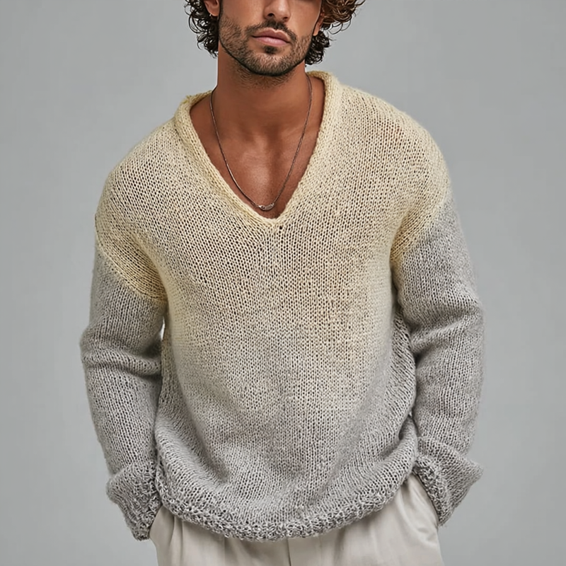 Men's Fashion Gradient V Neck Long Sleeve Loose Sweater MTA2072H4Z