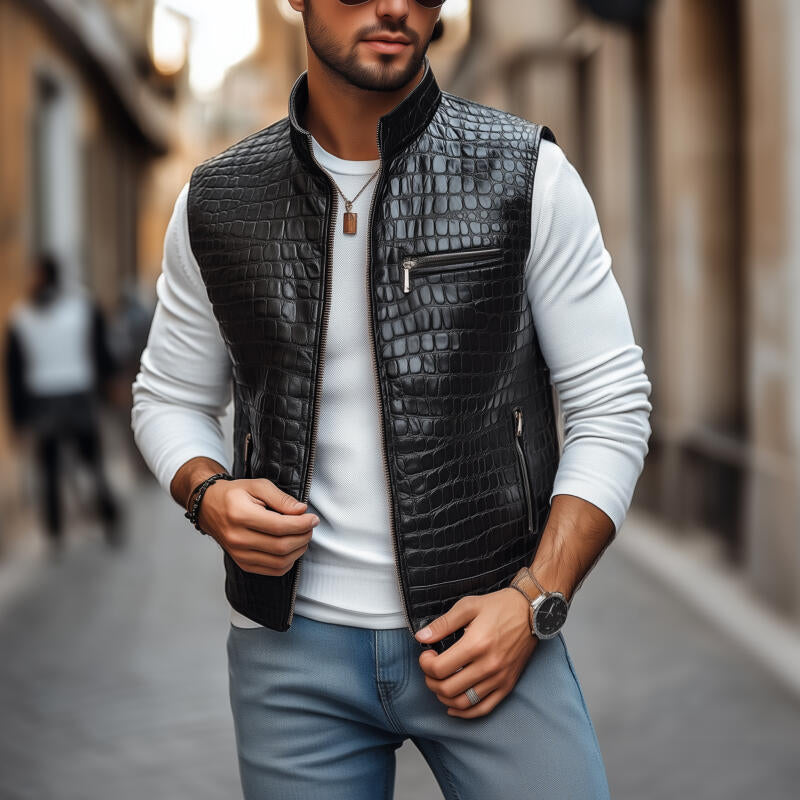 Men's Fashion Crocodile Pattern PU Stand Collar Zipper Placket Slim Fit Vest MTA2738H7M
