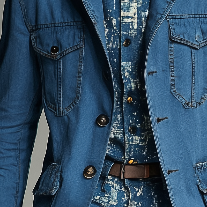 Men's Vintage Washed Navy Style Mid-Length Denim Trench Coat MTA2521G4X