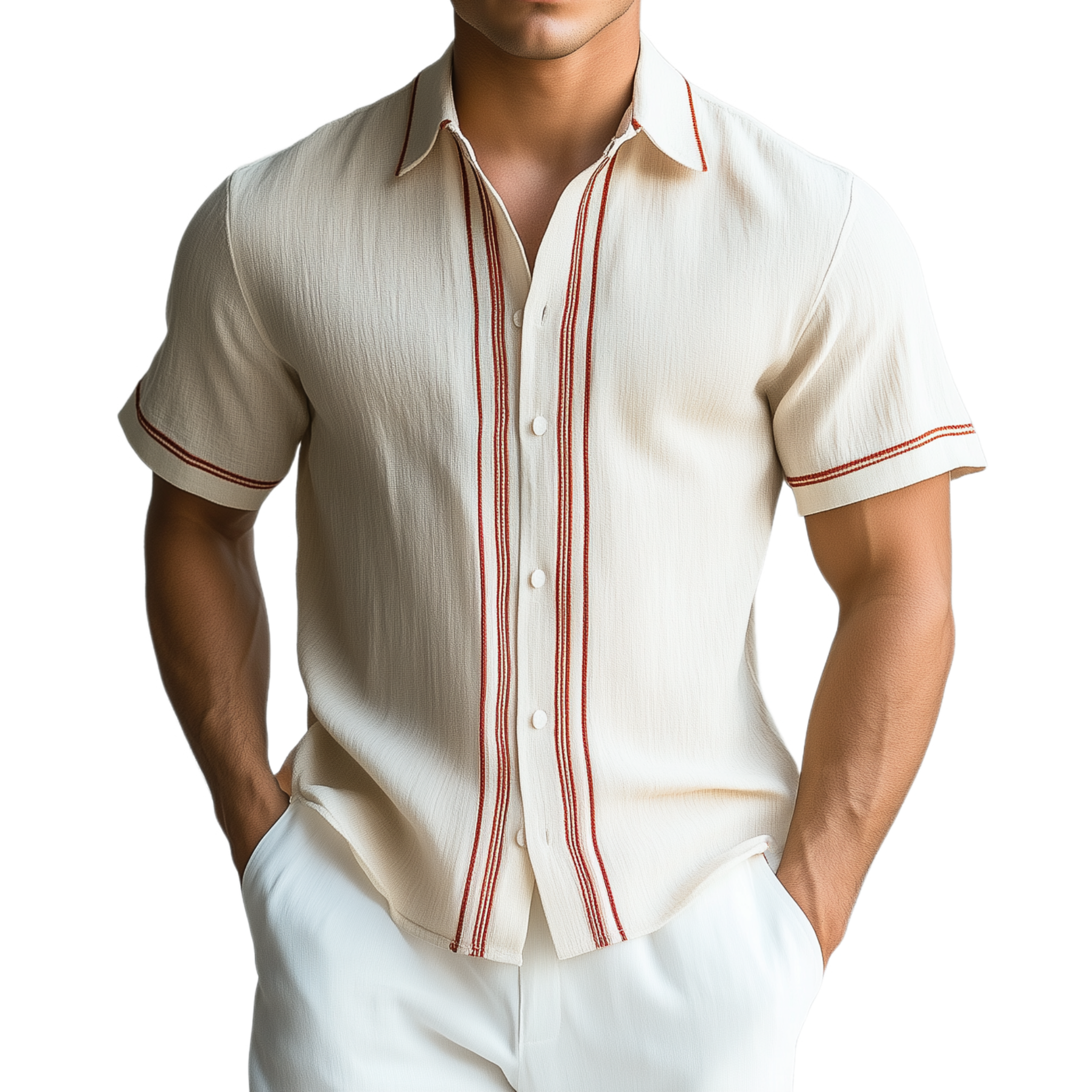 Men's Fashion Casual Chiffon Contrast Color Embroidery Slim Fit Short Sleeve Shirt MTA2408G6K