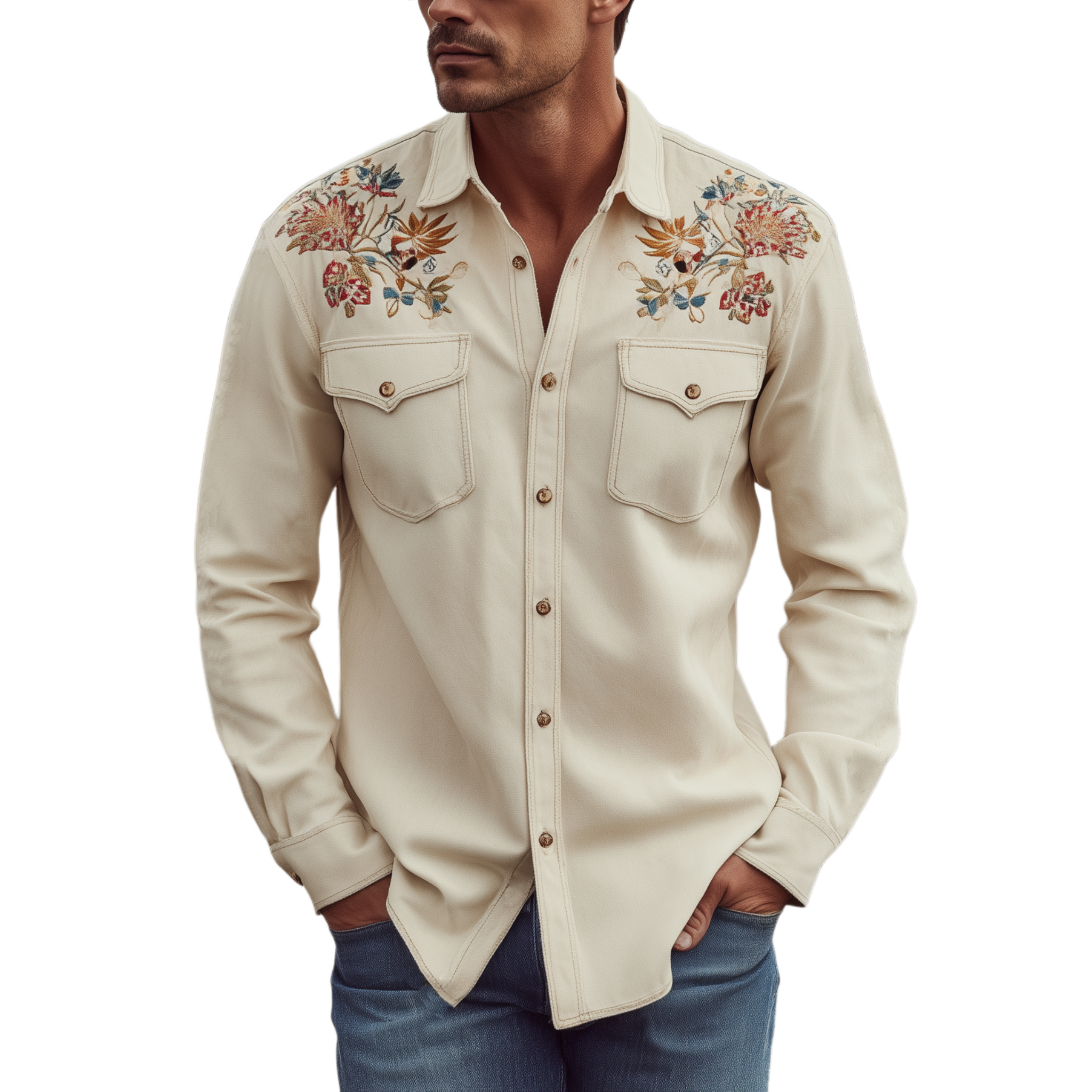 Men's Classic Retro Shoulder Embroidered Suede Slim Long Sleeve Shirt MTA2068H0K