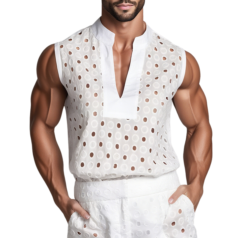 Men's Circular Hollow Embroidery Pattern V Neck Sleeveless Tank Top MTA2331F8Z