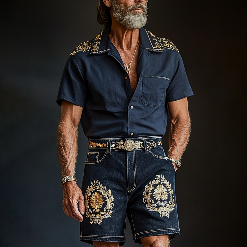 Men'S Fashion Retro Embroidered Lapel Short Sleeve Shirt MTA0940E8Z
