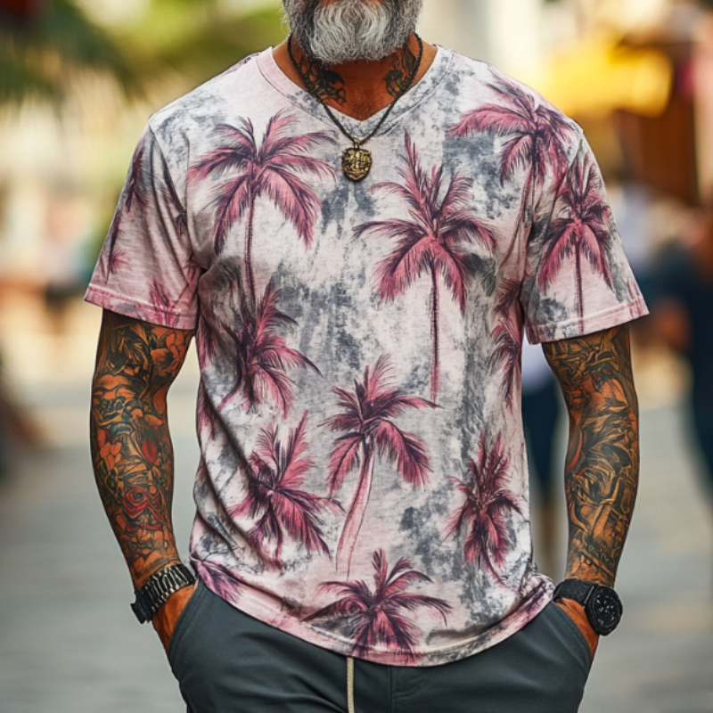 Men's Casual Vintage V-neck Cotton Blend Digital Print Short-sleeved T-shirt 38024171F