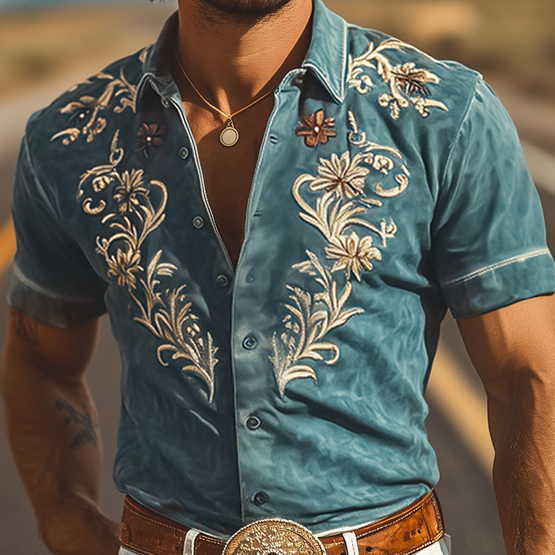 Men's Fashion Casual American Retro Western Tough Style Thin Suede Embroidered Slim Short-sleeved Shirt MTA0772F2K