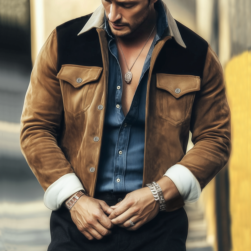 Men's Spring And Autumn Retro Colorblock Suede Jacket MTA2764H1U