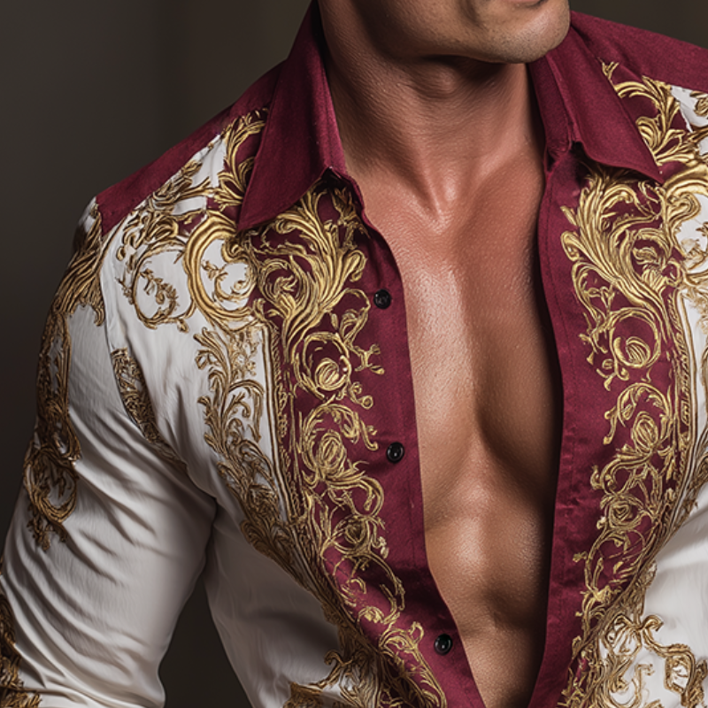 Men's Retro Casual Baroque Print Lapel Long Sleeve Shirt MTA3052G2TO