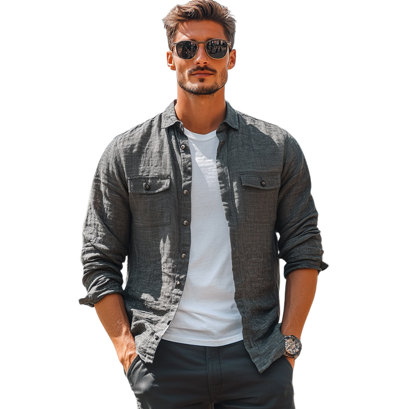 Men's Casual Skin-friendly Dark Gray Cotton and Linen Long-sleeved Shirt 01392376U