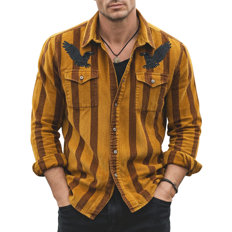Men's Classic Striped Eagle Embroidered Casual Long-sleeved Shirt MTZ0552A4U