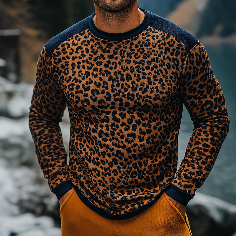 Men's Retro Casual Leopard Print Colorblock Round Neck Long Sleeve T-Shirt MTA2589G7TO