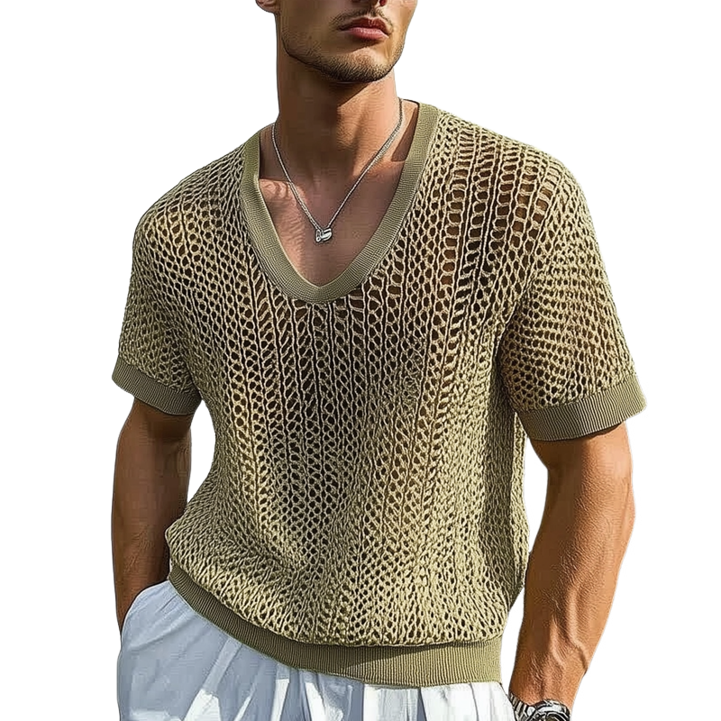 Men's Summer V-neck Mesh Knitted Breathable Short Sleeve T-shirt MTA2324F8U