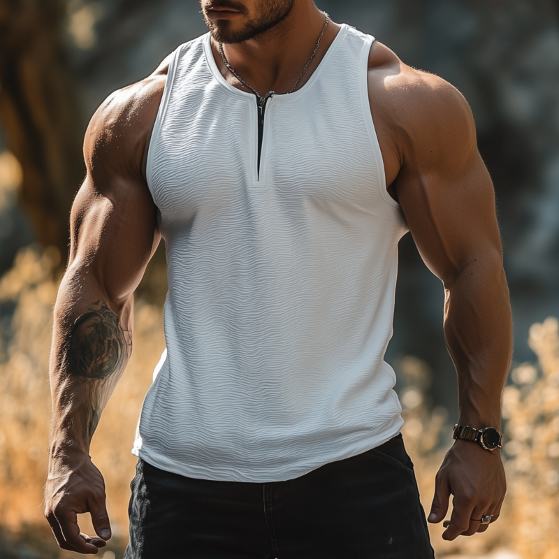 Men's Casual Solid Color Wave Pleated Texture V-neck Slim Fit Tank Top MTA2306F4M