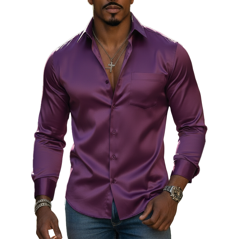 Men's Spring Fashion Satin-like Long-sleeved Shirt MTZ0880A5P