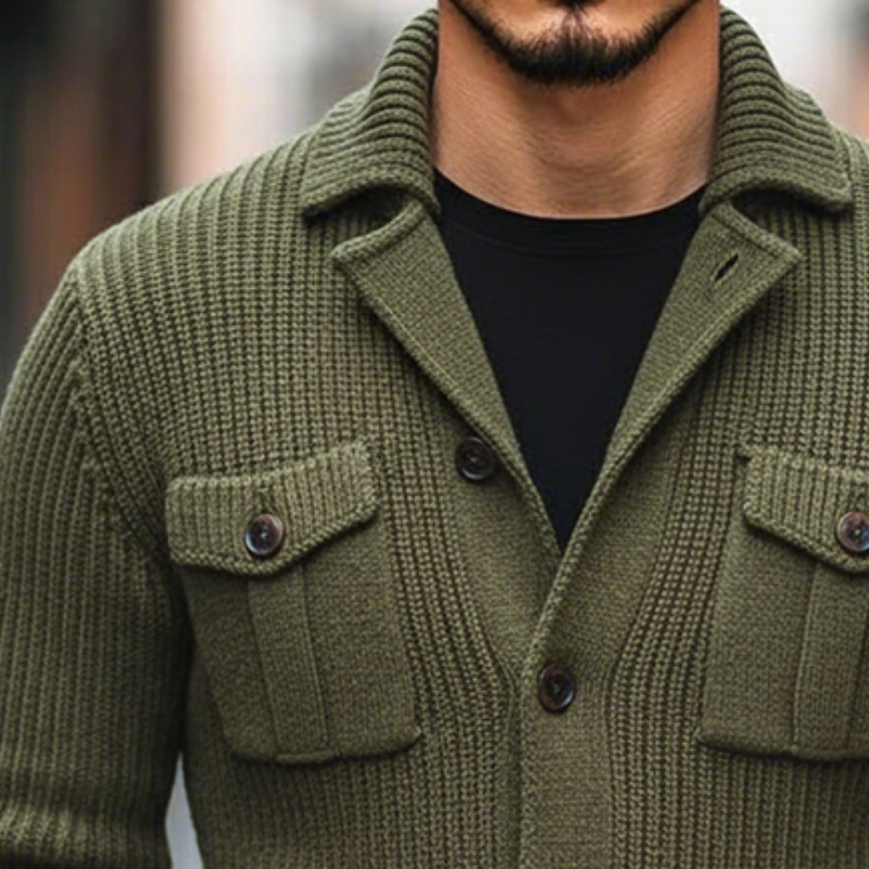 Men's Retro Casual Solid Color Knitted Multi-Pocket Lapel Cardigan Jacket MTA2401I7TO