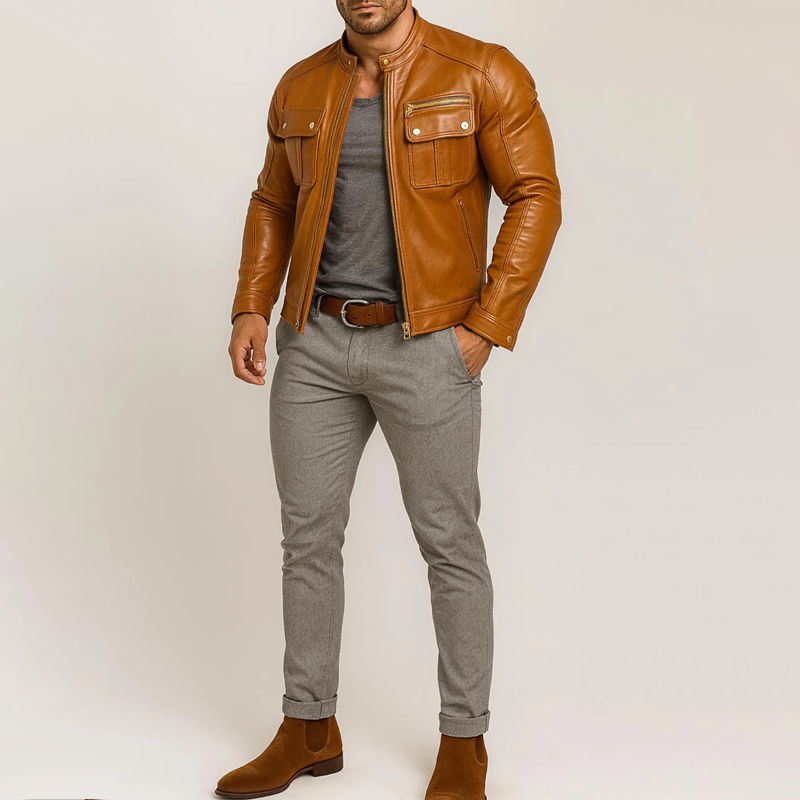 Men's Faux Leather Stand Collar Zipper Biker Jacket MTA1282I4Z
