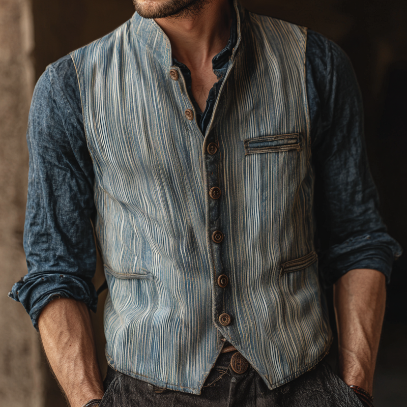 Men's Fashion Striped Denim Stand Collar Single Breasted Vest MTA2819H4Z