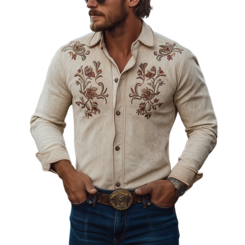 Men's Classic American Western Suede Embroidered Long Sleeve Shirt 85822551K