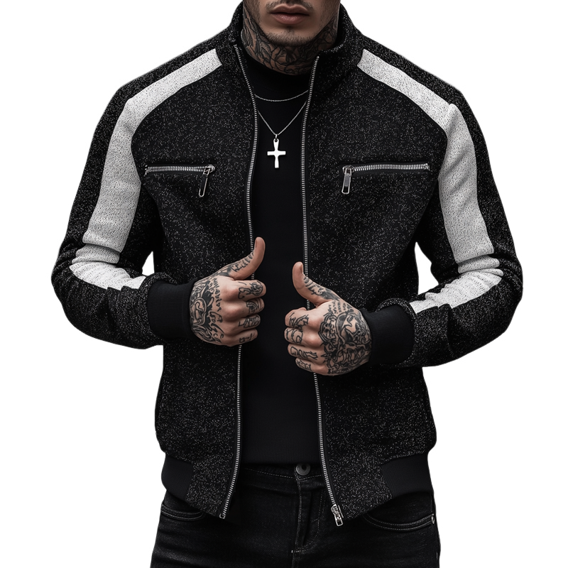 Men's Black And White Mixed Color Knit Stand Collar Zipper Jacket MTA0170H3Z