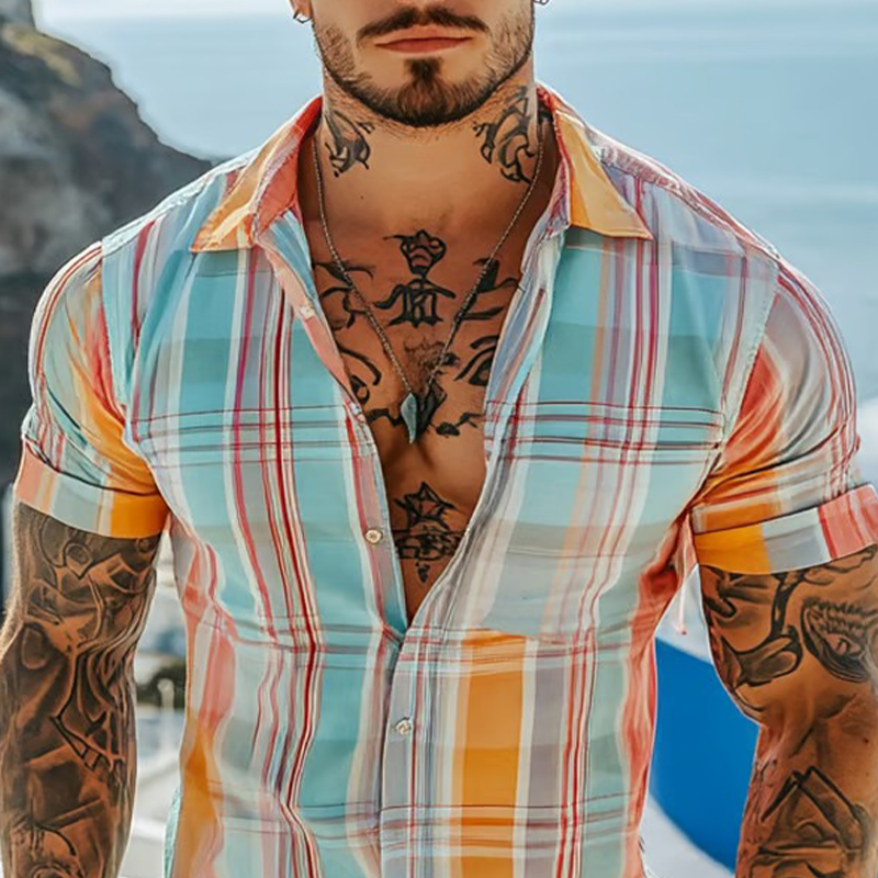 Men's Check Print Lapel Short Sleeve Shirt MTA2376F3X