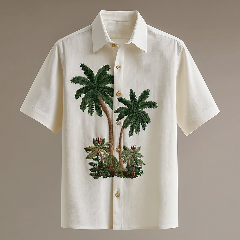 Men's Summer Fashion Embroidery Textured Fabric Short Sleeve Shirt MTA0843G0P