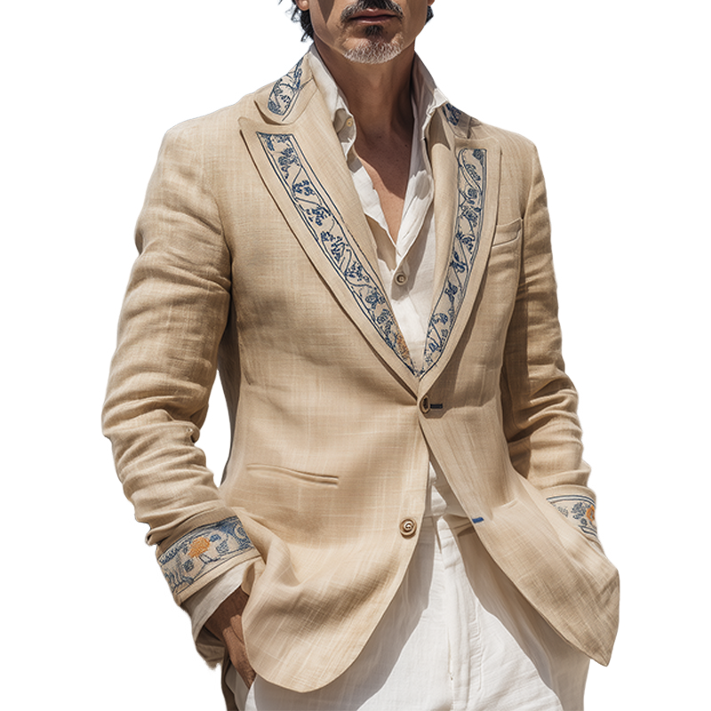 Men's Classic Vintage Collar And Cuff Embroidery Cotton And Linen Single-breasted Blazer MTA1618G4K