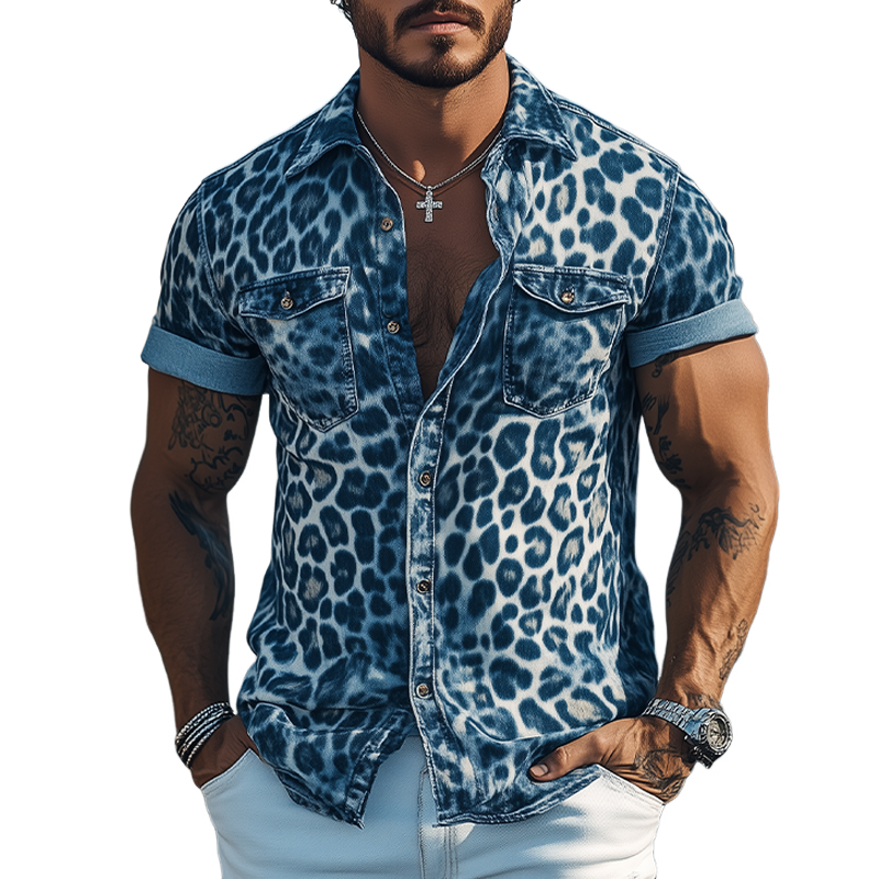 Men's Spring And Summer Fashion Casual Retro Western Cowboy Style Leopard Denim Print Slim Fit Short Sleeve Shirt MTA0975E8K