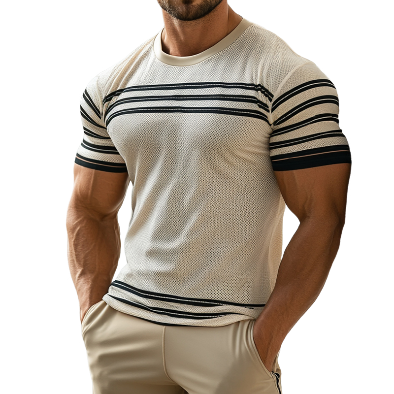 Men's Retro Casual Simple Striped Printed Mesh Round Neck Short Sleeve T-shirt MTA0601E4TO