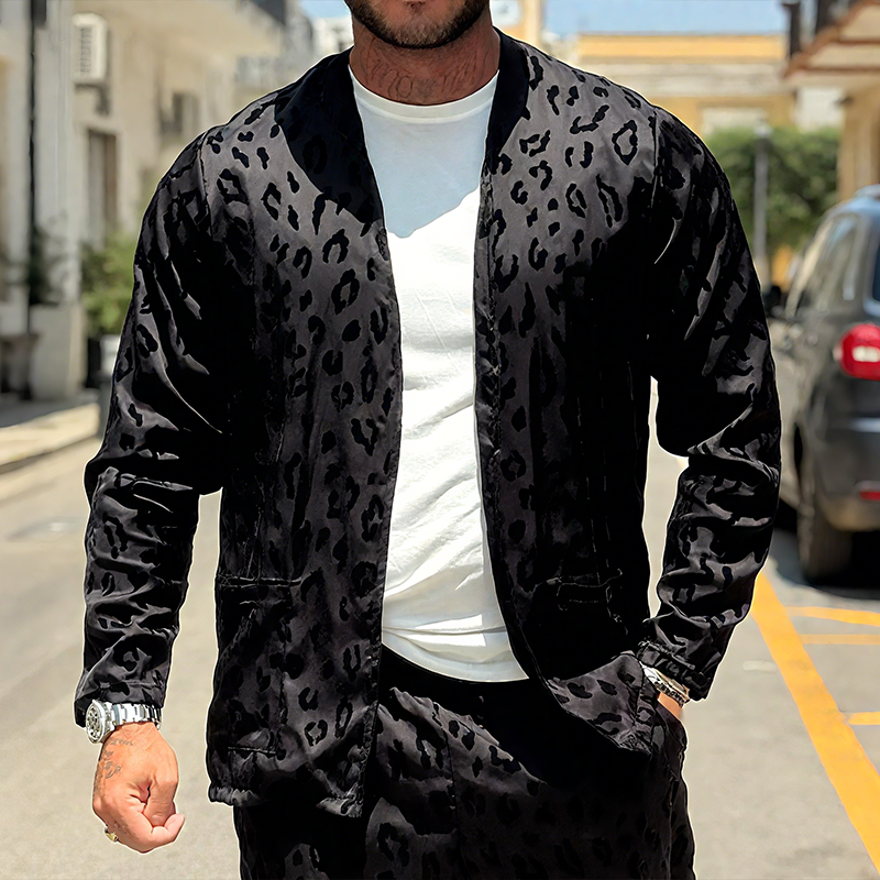 Men's Vintage Casual Satin Leopard Print Cardigan MTA2140G0TO