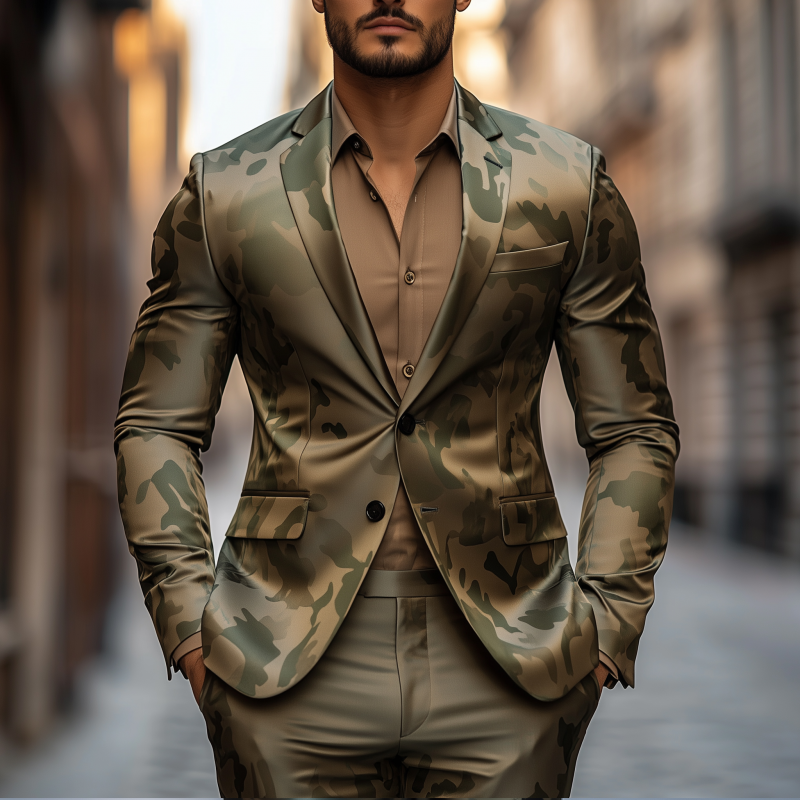 Men's Casual Camouflage Print Satin Notch Lapel Single Breasted Slim Fit Blazer MTA2820G3M
