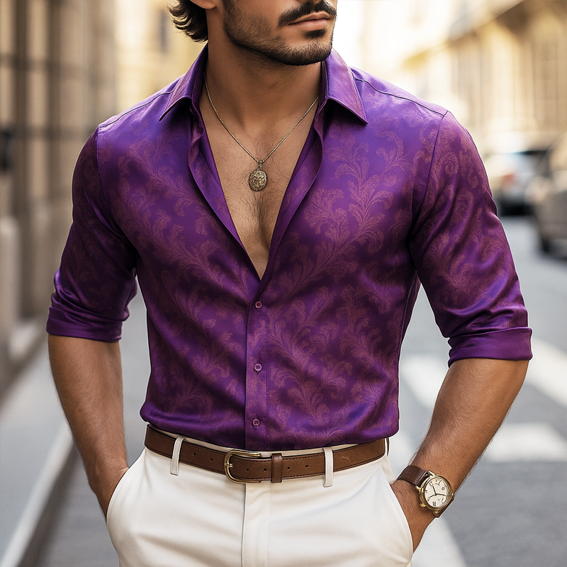 Men's Satin Print Lapel Long Sleeve Shirt MTA2302F3Z