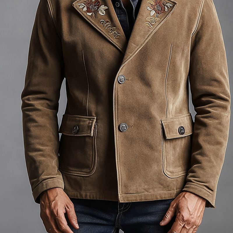 Men's Retro Embroidered Faux Suede Lapel Button Blazer  MTA2853K2X