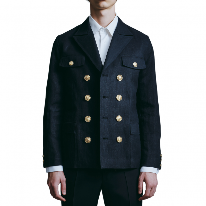 Men's Casual Solid Color Breathable Linen Lapel Double-breasted Metal Button Slim-fit Blazer MTA2983G0M