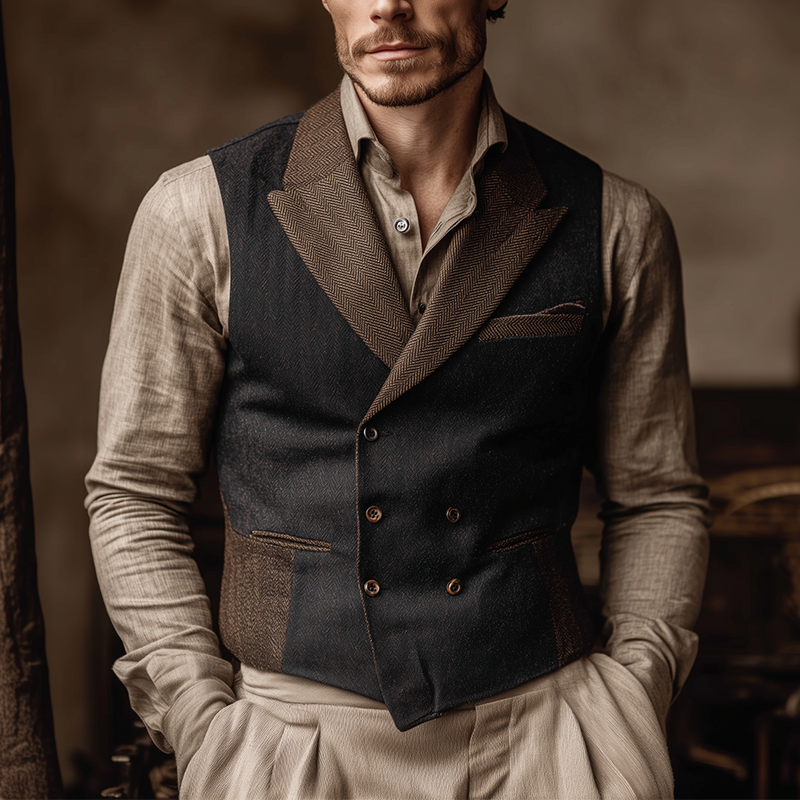 Men's Winter Retro Double-Breasted Slim Fit Herringbone Faux Wool Vest MTA1432J4P