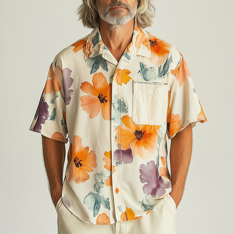 Men's Summer Fashion Floral Print Cotton And Linen Short Sleeve Shirt MTA1526E5P