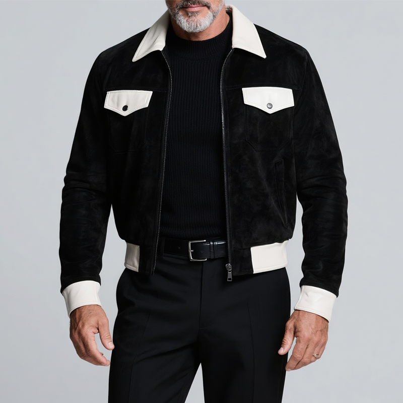 Men's Colorblock Faux Suede Lapel Chest Pocket Bike Jacket MTA0262H9Z