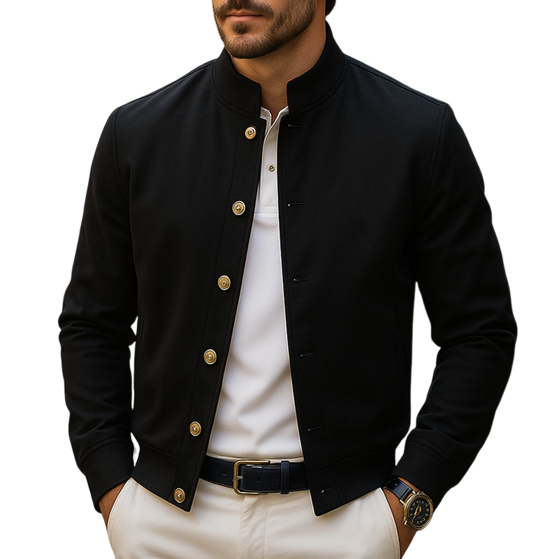 Men's Gold Metal Single Breasted Stand Collar Short Casual Jacket MTA1955G1Z