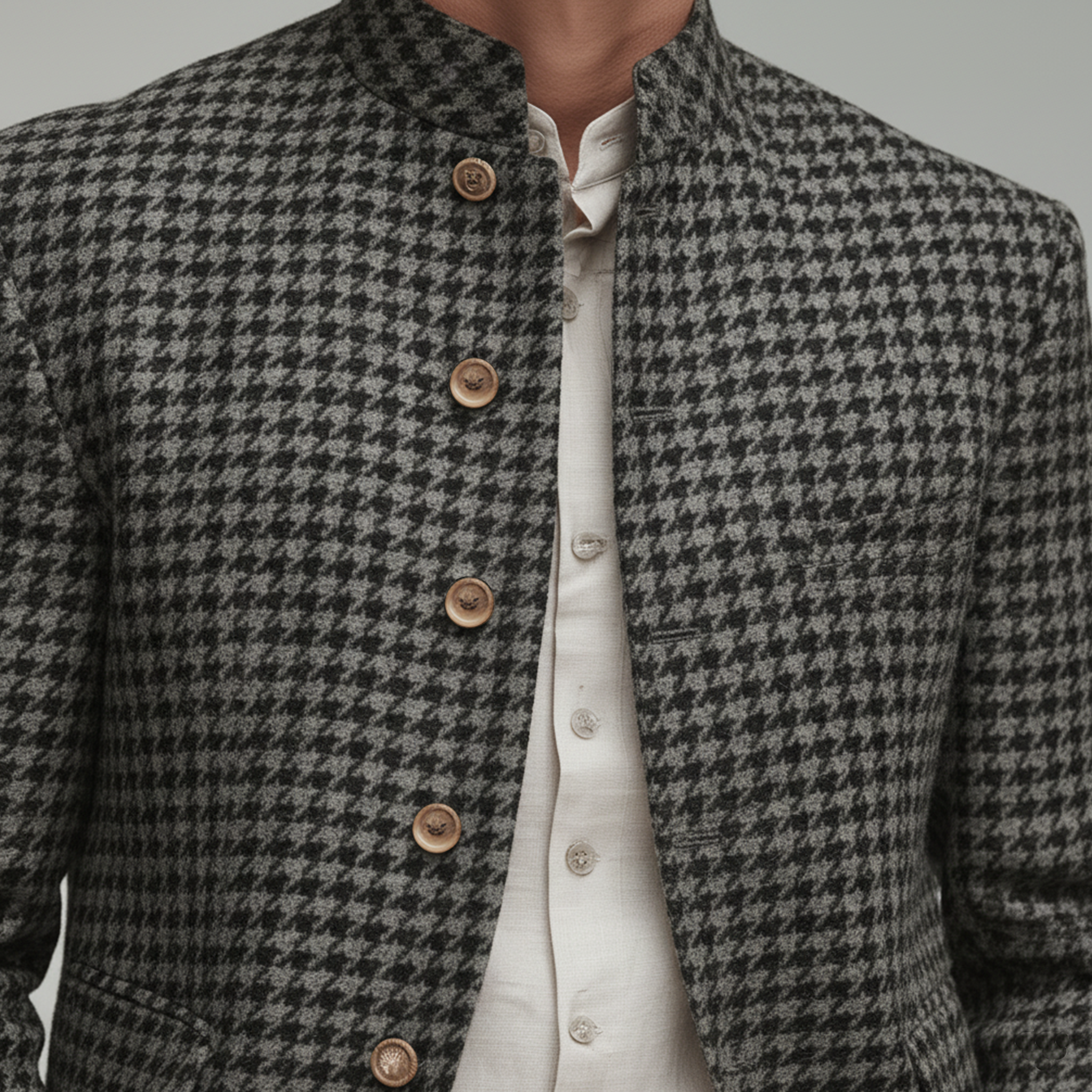 Men's Classic Retro Stand Collar Faux Houndstooth Wool Slim Fit Single-breasted Jacket MTA1187J8K