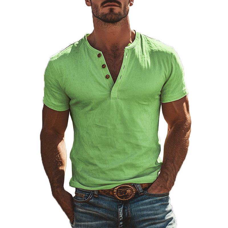 【24-hour shipping out】Men's Classic American Vintage Henley Collar Suede Short Sleeve T-Shirt 18517480K