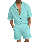 Men's Casual Solid Color Lapel Short Sleeve Shirt Drawstring Shorts Set 92220276Y