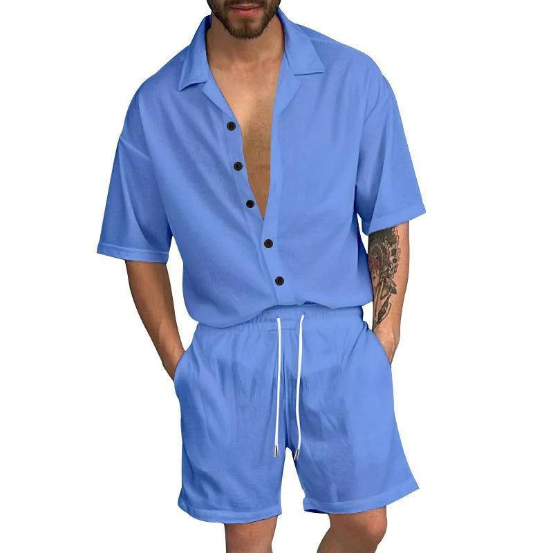 Men's Casual Solid Color Lapel Short Sleeve Shirt Drawstring Shorts Set 92220276Y