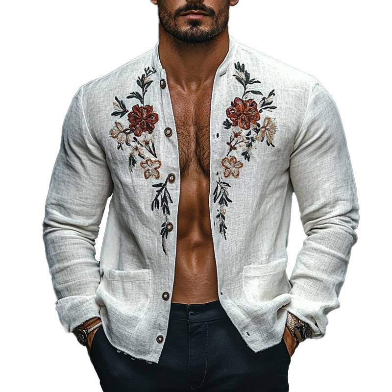 Men's Vintage Floral Embroidery Long Sleeve Light Jacket 10656738X