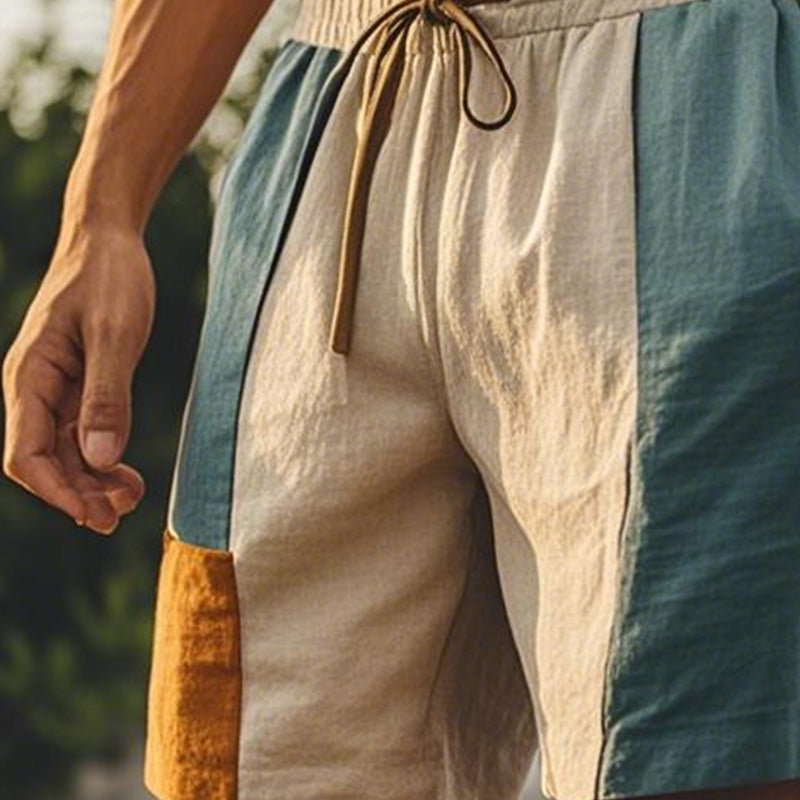 Men's Morandi Color Patchwork Simple Linen Shorts 09147016P