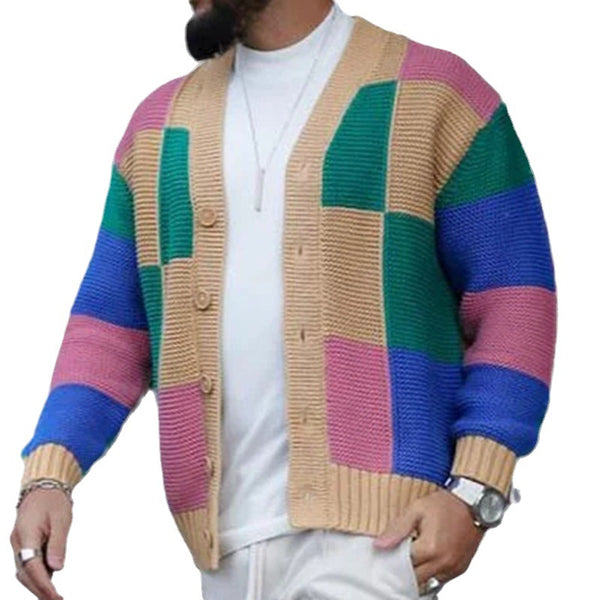Men's Fashion Colorblock Single Breasted Long Sleeve Knit Cardigan 81050023M-1