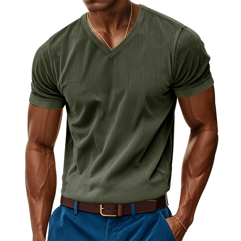 Men's Casual Corduroy V-neck Slim Short-sleeved T-shirt 50277603M