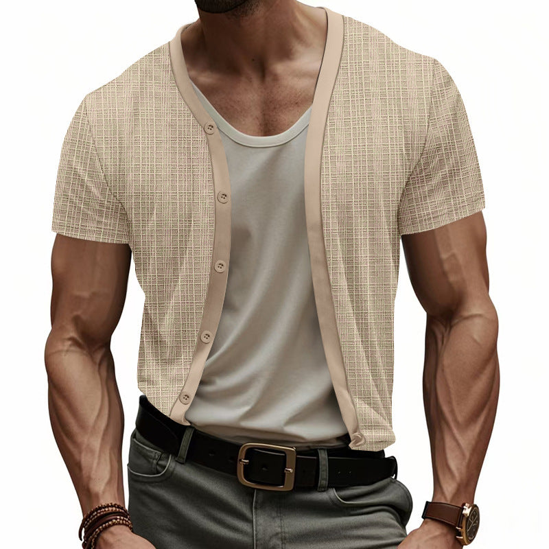 Men's Casual V-neck Single-breasted Slim Fit Short-sleeved T-shirt 92708443M