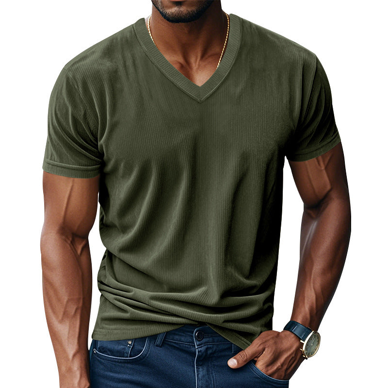 Men's Casual Corduroy V-neck Slim Short-sleeved T-shirt 50277603M