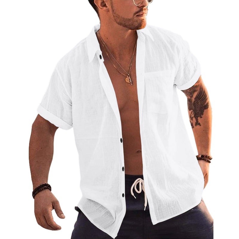 Men's Casual Solid Color Cotton Loose Lapel Short-Sleeved Shirt 93476601M