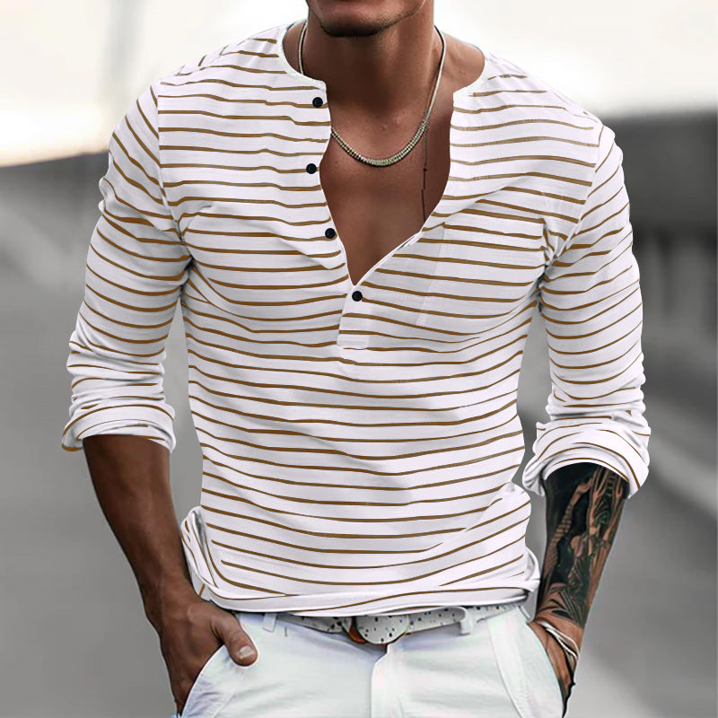 T-shirt casual a maniche lunghe con colletto Henley a righe da uomo 00046965Z