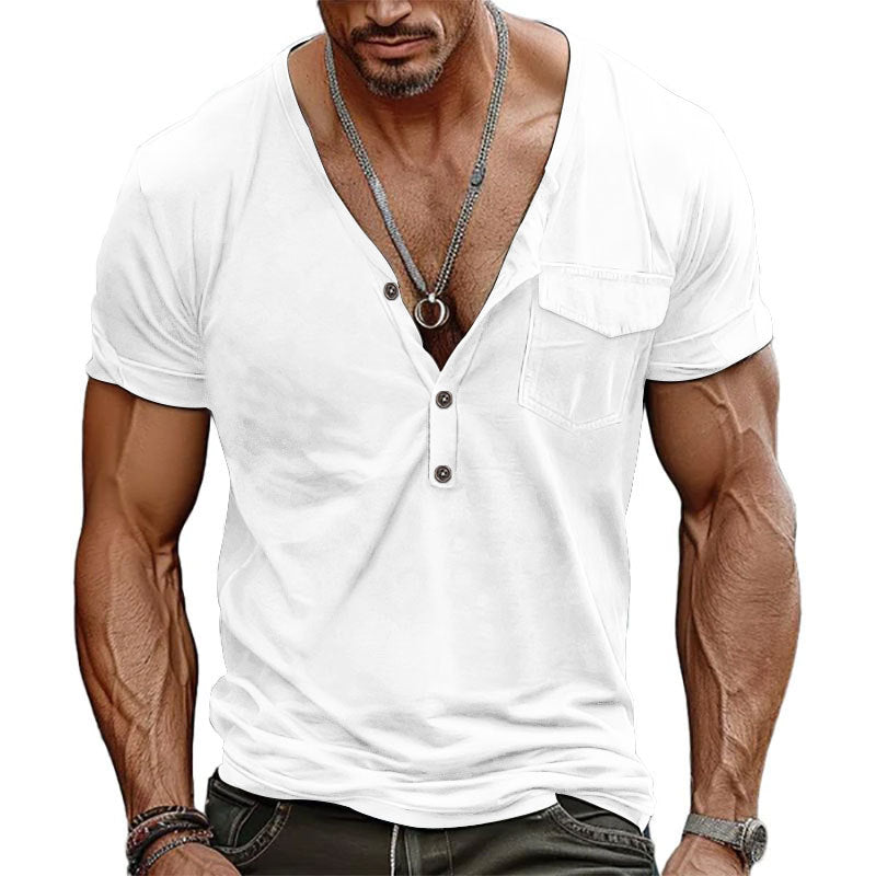 Men's Classic Casual Slim Fit Deep V-Neck Pocket Cotton Short Sleeve T-Shirt 29897522K