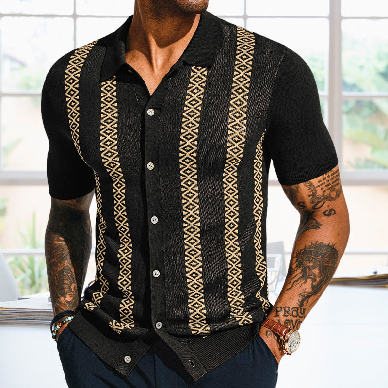 Men's Casual Geometric Jacquard Lapel Single-breasted Slim Fit Short-sleeved Sweater 59253713M